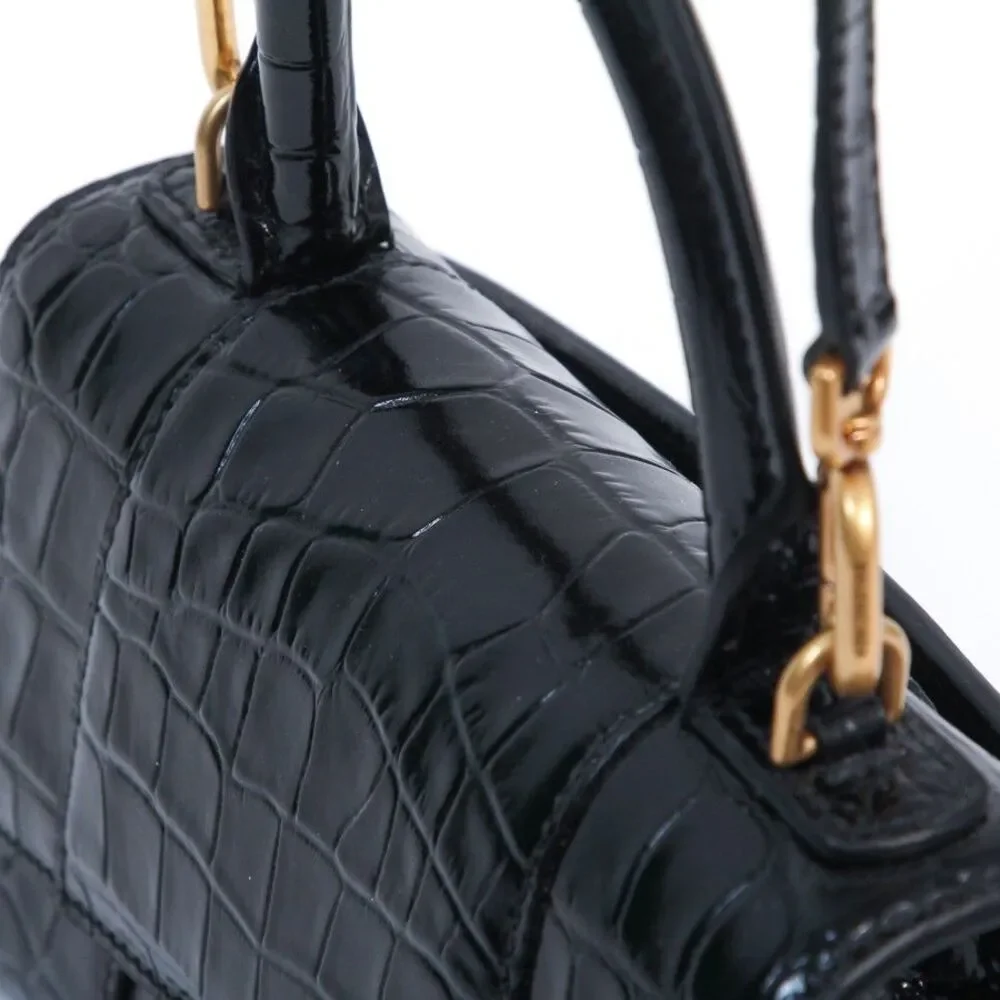 Balenciaga Hourglass XS Black Croc-Embossed Calfskin Top Handle Crossbody Bag
